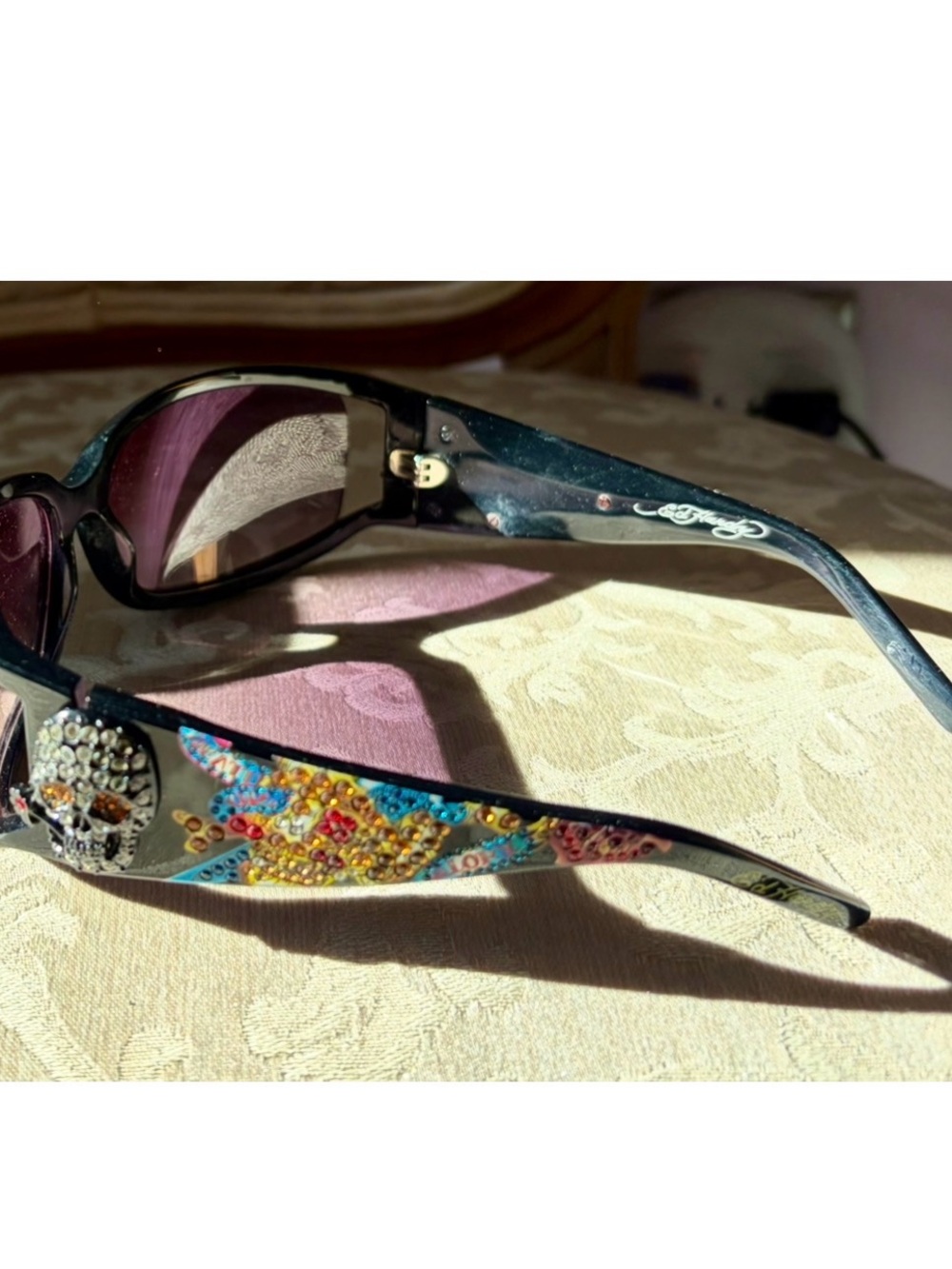 Ed Hardy Vintage Y2Black Sunglasses with Multicolor Crystal Skull & Star Accents